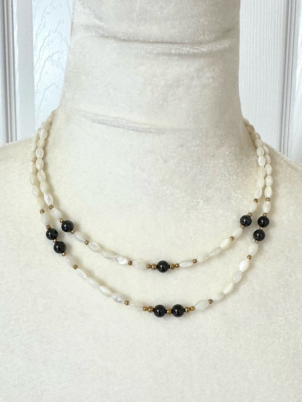 Hematite Mother of Pearl Double Strand White Beaded Necklace